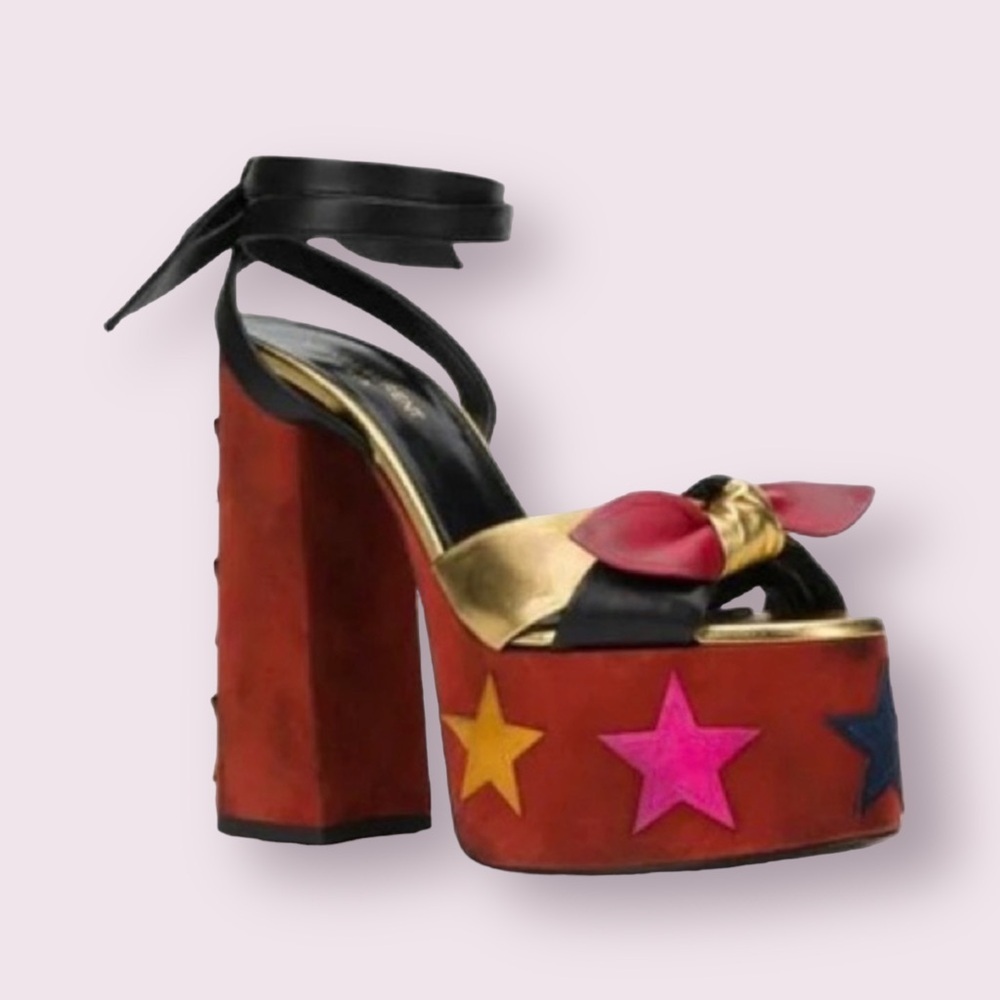 Saint Laurent Paige 145 Platform Sandals Black & Red Stars Size EU 38